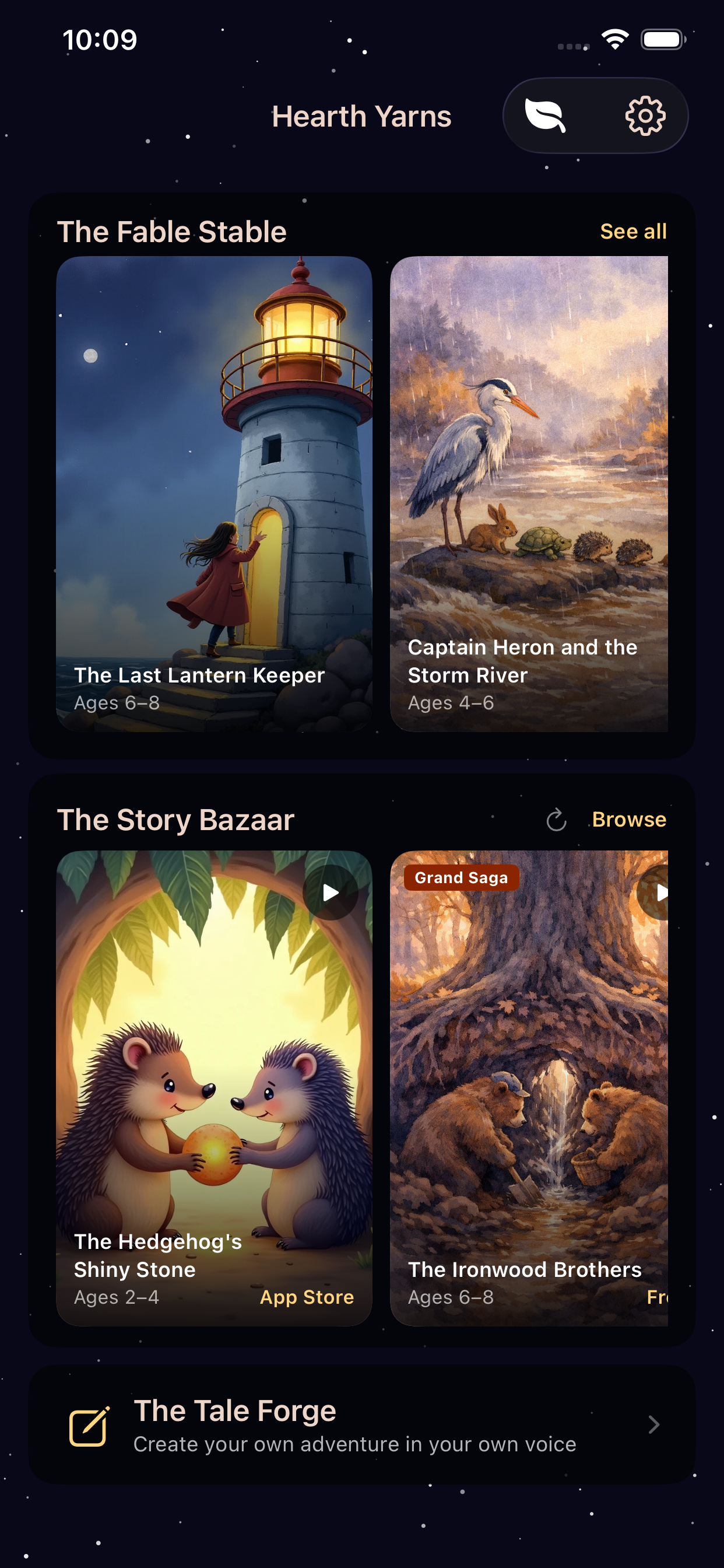 Hearth Yarns — home screen